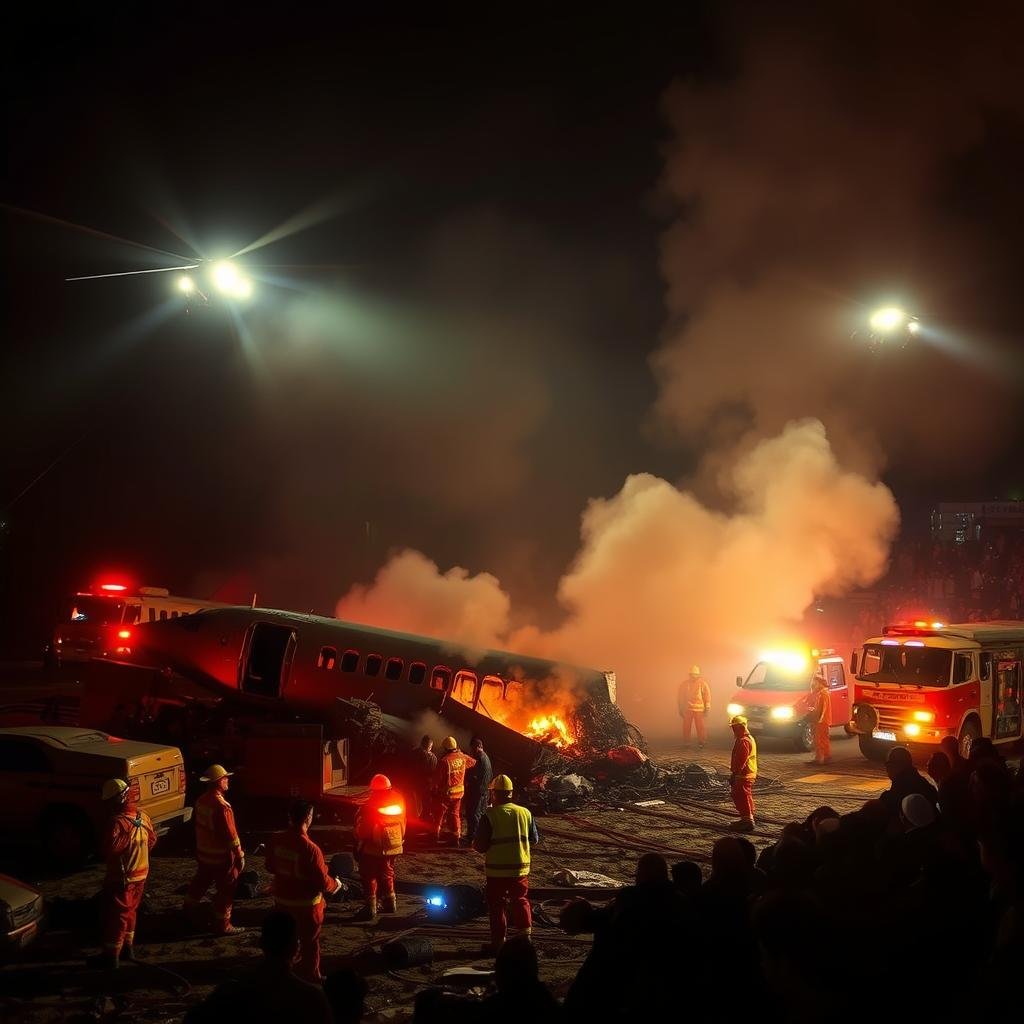 A dramatic nightime scene of the Air India crash rescue operations, lit by the flashing lights of emergency vehicles. In the foreground, teams of first responders in reflective gear work tirelessly to extricate survivors from the smoldering wreckage. The middle ground is hazy with smoke and dust, as helicopters hover overhead, illuminating the chaos below. In the background, a somber crowd gathers, witnessing the harrowing efforts to save lives. Evocative, cinematic lighting casts deep shadows, heightening the sense of urgency. Captured with a wide-angle lens to convey the scale of the incident. This image is provided by seblogs.