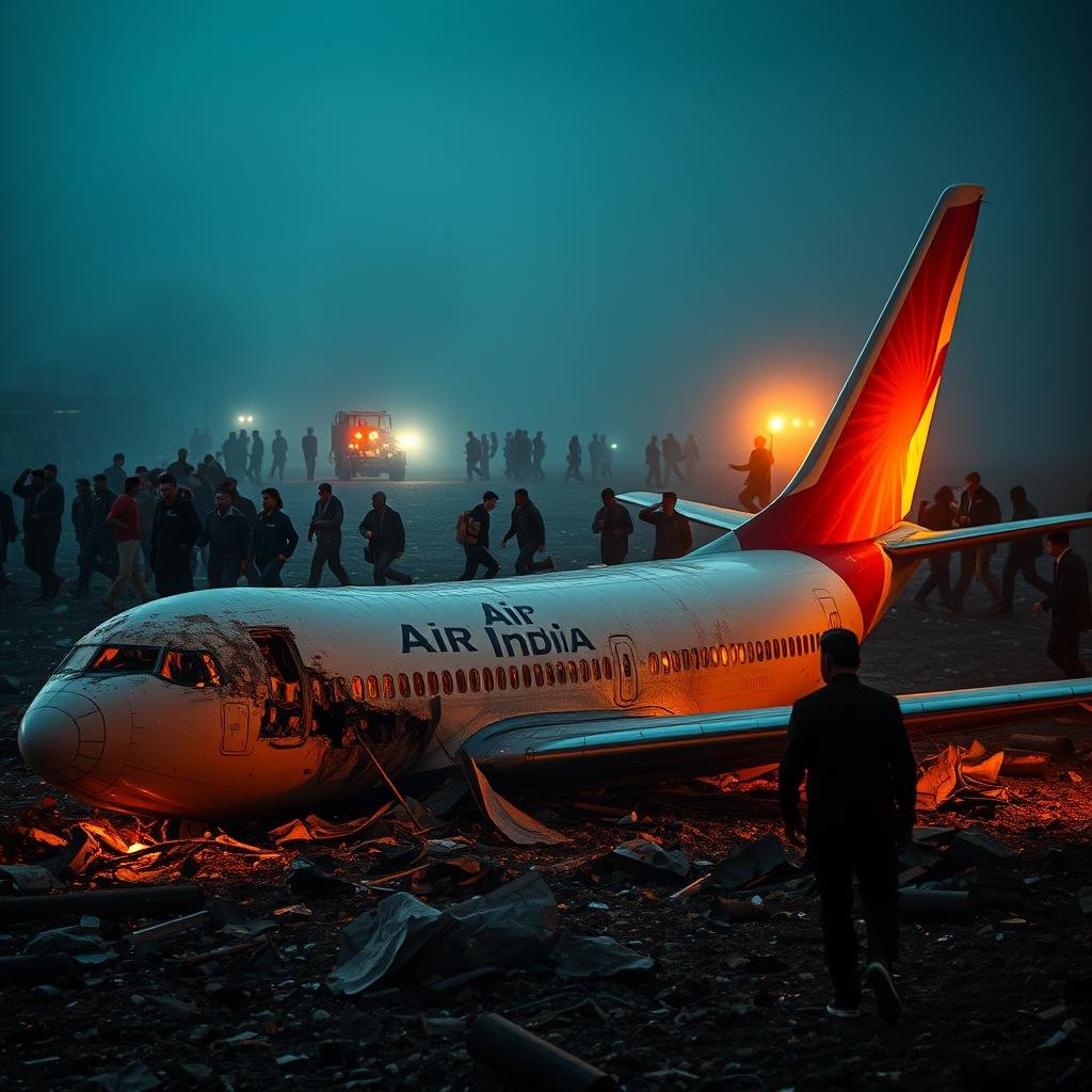 A dramatic scene of an Air India Boeing 787 crash, as witnessed by distraught onlookers. In the foreground, a twisted and smoldering fuselage lies amid scattered debris, illuminated by flickering emergency lights. Panicked survivors stumble through the wreckage, their faces etched with shock and despair. In the middle ground, rescue workers rush to provide aid, their movements frozen in a tense tableau. The background is shrouded in a hazy dusk, conveying a sense of impending tragedy. Cinematic in tone, the image captures the raw emotion and chaos of this devastating event. (seblogs)