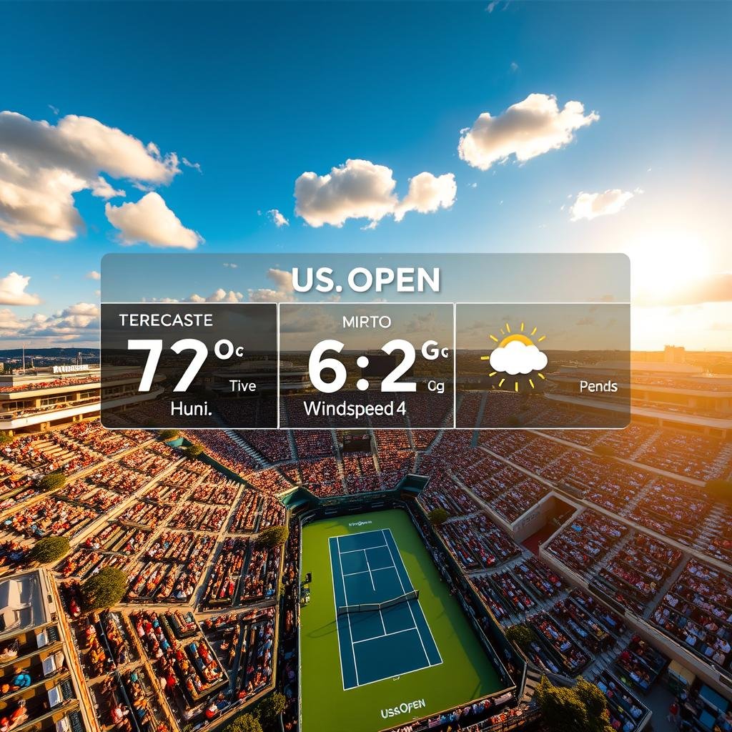 A high-resolution aerial view of the sprawling US Open tennis grounds, with a detailed weather forecast overlay displayed prominently across the scene. The forecast data should appear as a sleek, modern digital interface, providing clear and concise information about temperature, humidity, wind speed, and the probability of precipitation. The grounds should be bathed in warm, golden afternoon sunlight, highlighting the pristine condition of the tournament's renowned hard courts. Fluffy cumulus clouds dot the bright blue sky, creating a sense of tranquility and anticipation for the upcoming matches. The overall composition should convey a sense of comprehensive preparedness for the tournament, with the weather forecast serving as a crucial informational element for players, staff, and spectators alike.