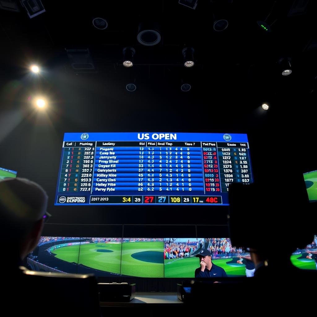 A high-resolution, ultra-detailed image of the live leaderboard for the US Open golf championship. Set in a professional broadcast studio with a large, curved LED display screen dominating the center, showing the current player rankings, scores, and tournament standings. Dramatic lighting casts shadows and highlights the leaderboard, creating a sense of excitement and anticipation. The scene is captured from a low, slightly angled perspective, giving the viewer a sense of being present in the broadcast booth. The background is blurred, with only the essential broadcast equipment and personnel visible, keeping the focus on the central leaderboard display.
