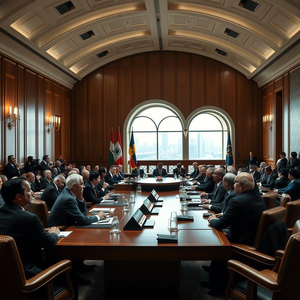 A high-stakes global stage, diplomats from nations worldwide convene in a tense, formal meeting room. Polished oak tables, plush leather chairs, and a towering, vaulted ceiling create an atmosphere of gravity and importance. Delegates from diverse countries sit attentively, expressions a mix of concern and determination, as they discuss the unfolding conflict between Israel and Iran. Overhead, bright, directional lighting casts dramatic shadows, emphasizing the weight of their deliberations. Through large, arched windows, a glimpse of the city skyline, hinting at the broader international community observing these critical negotiations.
