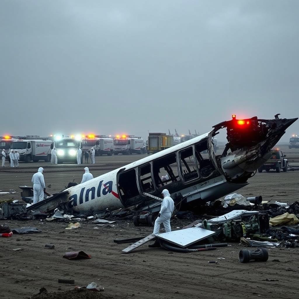 A meticulously detailed image of an air crash investigation site. In the foreground, a team of investigators in protective gear examine the debris of a shattered Air India jet, its fuselage twisted and scorched. In the middle ground, a fleet of specialized recovery vehicles and mobile command units surround the scene, their flashing lights casting an eerie glow. In the background, a somber gray sky looms, hinting at the gravity of the situation. The overall mood is one of somber professionalism, as the investigators work tirelessly to uncover the causes of this tragic incident. seblogs