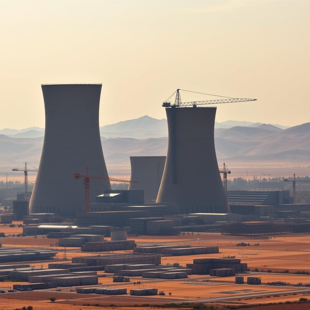 A sprawling industrial complex set against a hazy desert landscape. In the foreground, towering cooling towers and reactor buildings, their sleek silhouettes casting long shadows. Intricate piping and gantry cranes hint at the technical sophistication within. In the middle ground, clusters of low-slung administrative and storage facilities, their facades adorned with warning signs. The background is dotted with rolling hills, hazy in the shimmering heat. The overall atmosphere is one of tense, high-stakes technological might, an ominous reminder of the nuclear dimension to the ongoing conflict.