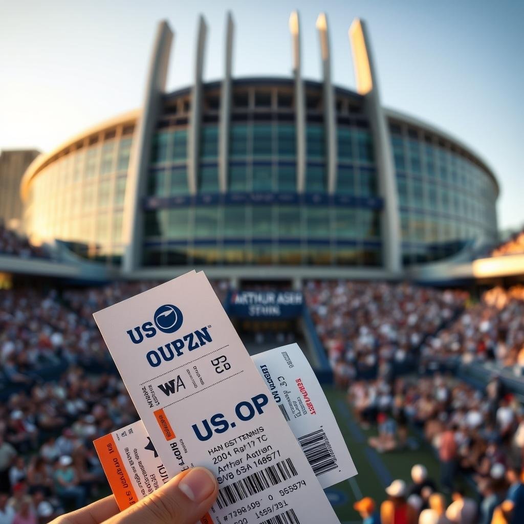 A stack of US Open tennis tournament tickets against a backdrop of the iconic Arthur Ashe Stadium, bathed in warm golden light. The tickets are rendered in crisp detail, showcasing the event's vibrant branding and graphics. In the middle ground, a subtle blurred crowd of spectators can be seen entering the venue, anticipation palpable in the air. The stadium's towering architecture dominates the background, its sleek lines and modern design conveying the grandeur and prestige of this prestigious tennis championship.