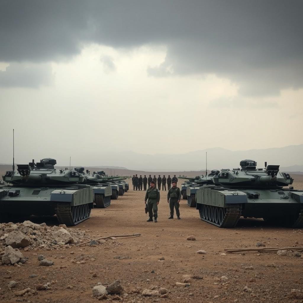 A tense standoff between the Israeli and Iranian military forces, with tanks and armored vehicles positioned on a barren, rocky landscape. The sky is ominous, with dark clouds and a hint of smoke on the horizon, creating an atmosphere of impending conflict. The foreground is dominated by the military hardware, its sleek, angular shapes and imposing presence conveying the power and might of the two nations. In the middle ground, troops are visible, their faces hardened with determination as they prepare for battle. The background is hazy, with the faint outline of distant mountains, suggesting the broader geopolitical context of the conflict. The overall mood is one of uncertainty and unease, hinting at the high stakes and potential consequences of the confrontation.