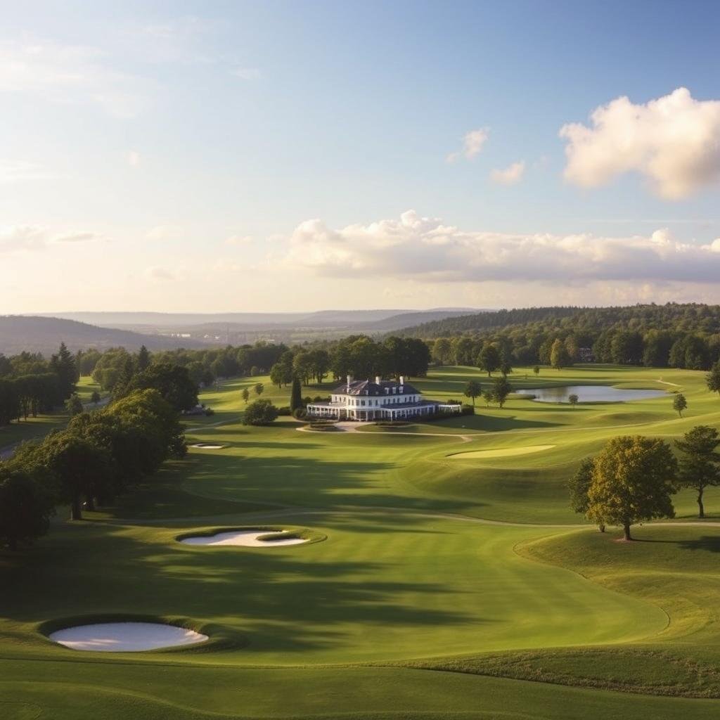Oakmont Country Club golf course, a sprawling green landscape nestled amidst rolling hills. In the foreground, the immaculate fairways and bunker-guarded greens invite the viewer to envision the challenges faced by the world's best golfers. The middle ground showcases the iconic clubhouse, its stately architecture casting a proud shadow over the impeccably manicured grounds. In the distance, the towering trees and serene ponds create a picturesque backdrop, evoking a sense of tranquility and exclusivity. Warm, golden sunlight filters through wispy clouds, casting a soft, inviting glow over the entire scene. The overall composition conveys the grandeur and prestige of this storied golfing destination, primed to host the prestigious 2025 US Open Championship.